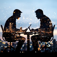 Silhouetted business partners collaborate intensely on tablets du a late-night meeting overlooking a vibrant city skyline symbolizing teamwork and dedication to achieving their