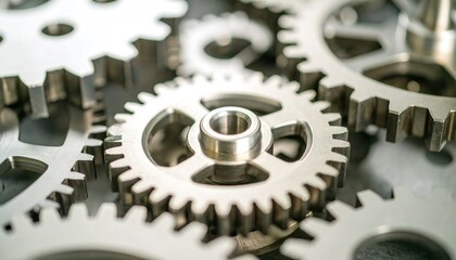 complex mechanical gear system with a metallic sheen