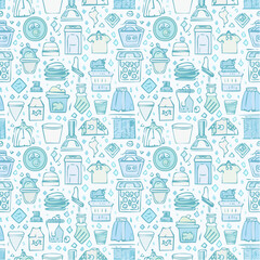 Seamless vector pattern with outline cleaning icons. Background with hand drawn house work elements. Laundry sketch texture. Home routine doodle ...