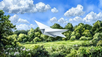 A pristine white paper airplane gracefully soars through a vibrant summer sky above a lush green field and tree line in slow motion, a whical scene of carefree flight and summer