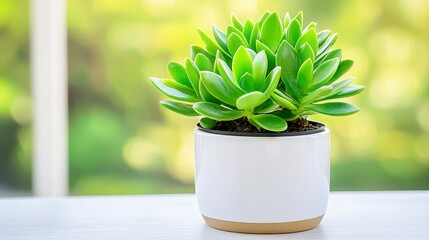 A vibrant small succulent plant thrives in a stylish modern ceramic pot, showcasing its lush green leaves against a bright, blurred natural background perfect for home decor or