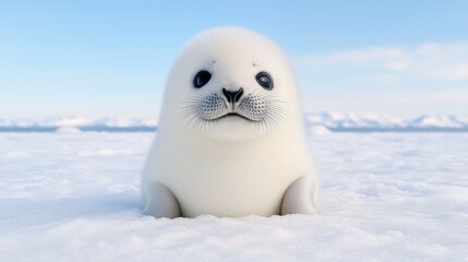 An adorable baby harp seal pup with a heartwarming smile poses on pristine arctic snow against a bright blue sky background, a realistic high-quality photo perfect for heartwarming