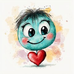 A cheerful turquoise cartoon character with a big smile and dark hair holds a red heart on a pastel watercolor background perfect for Valentine's Day cards or social media posts.
