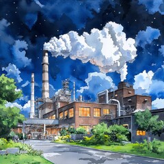 A nighttime watercolor painting depicts a factory emitting smoke into a starlit sky, showcasing detailed industrial architecture and environmental impact under a dramatic cloudy