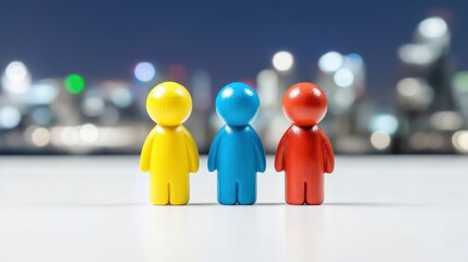 Three colorful wooden figures stand together against a blurred city backdrop symbolizing social equality and unity among diverse people in a modern urban environment representing