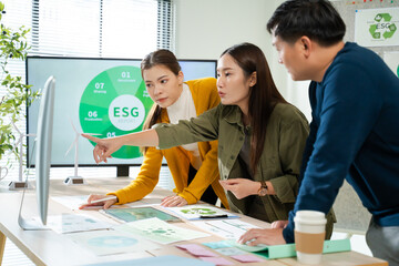 Asian business team discussion reusable product in office,start up eco-friendly...