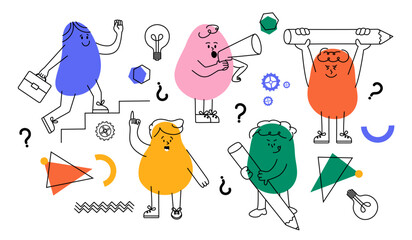 Set of abstract characters. Hand drawn and doodles. Marketing, negotiations, collaboration, brainstorming. Process. Social media. Business project. Discussion. Geometric elements.Launch and training