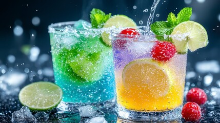 Refreshing summer drinks with ice and fruit; vibrant blue and orange cocktails being poured into glasses with mint and lime garnishes, creating a fizzy and delicious beverage.