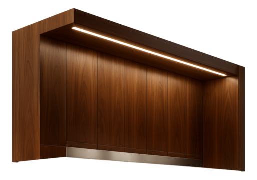 Wood-paneled hallway with recessed LED lighting