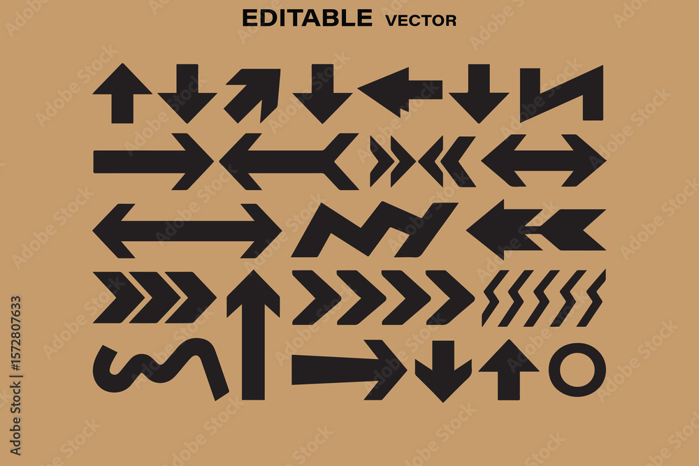 Poster collection of diverse black arrow icons and symbols on a textured brown background in editable vecto