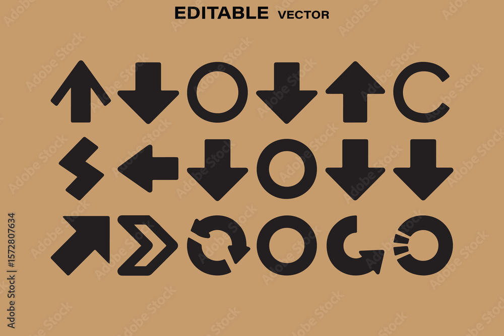 Poster collection of black arrows and circular icons on a textured beige background editable vector graphic