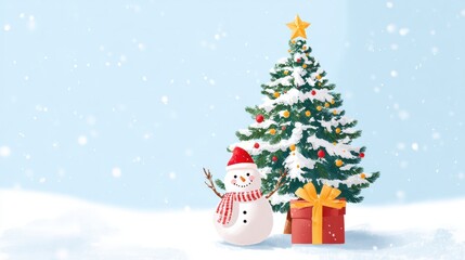 Snowman and decorated Christmas tree standing in fresh snow on a bright winter day.