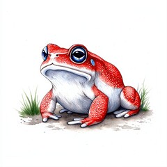 A detailed watercolor painting depicts a Sonoran Desert toad, showcasing its vibrant red and white coloration with expressive blue eyes against a simple background of brown earth