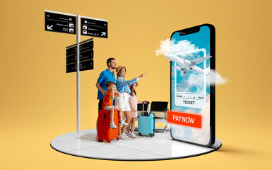 Family at the terminal uses a giant smartphone interface to pay for airline tickets, ready for...