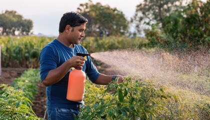 gardener sprays plants in his vegetable garden 