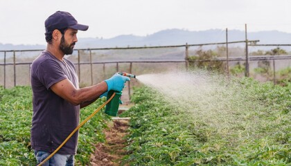 gardener sprays plants in his vegetable garden 