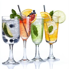 Four refreshing cocktails with colorful fruits and ice in elegant glasses isolated on a pristine white background perfect for summer menus or beverage promotions.