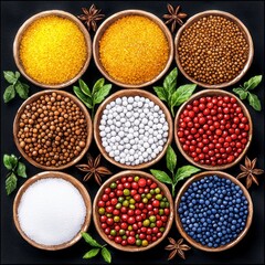 A vibrant collection of colorful spices arranged in small wooden bowls on a dark background creating a stunning watercolor-style high-quality image perfect for culinary or