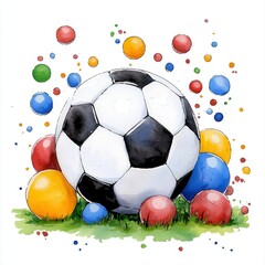 A vibrant watercolor illustration celebrating International Sports Day features a soccer ball surrounded by colorful smaller balls on a patch of green grass, perfect for