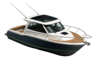 Cabin cruiser fishing boat with hardtop and side-mounted downriggers