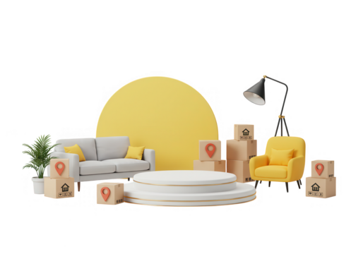 A 3d rendering of furniture and boxes, representing moving to a new house isolated on transparent background