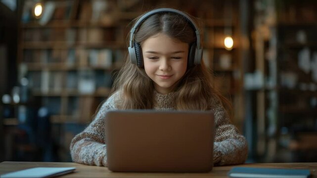 A young girl with long hair and headphones sits at a wooden table using a laptop in a cozy library. She looks focused and serious while studying or learning online. Warm, studious atmosphere.