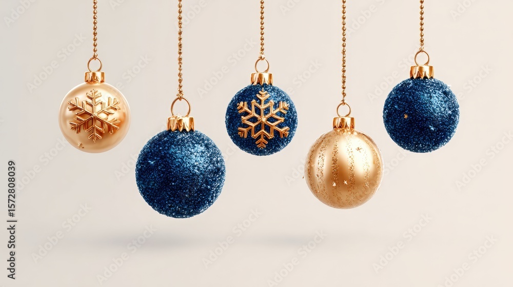 Poster close-up of colorful christmas ornaments hanging on a string with soft festive lighting background.