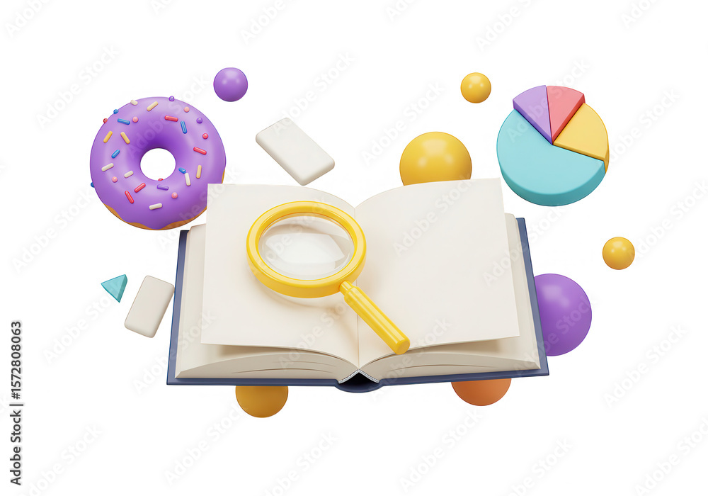 Aufkleber a 3d render of a book with a magnifying glass, donut, and pie chart isolated on transparent backgrou