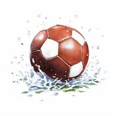 A vibrant watercolor painting depicts a classic brown and white soccer ball splashing into water creating dynamic movement and a sense of energy perfect for sports themed designs