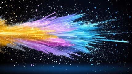 A vibrant surreal abstract glitch art background features a dynamic burst of colorful streaks and particles resembling a cosmic explosion or nebula with a glittery texture.