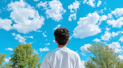 A young man gazes upward at a vibrant blue sky filled with fluffy white clouds on a bright sunny day, a high-quality realistic photo depicting a feeling of freedom and hope,