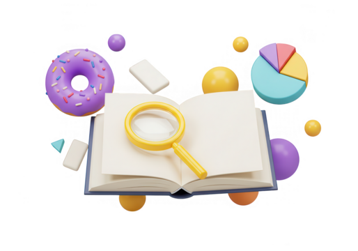 A 3d render of a book with a magnifying glass, donut, and pie chart isolated on transparent background