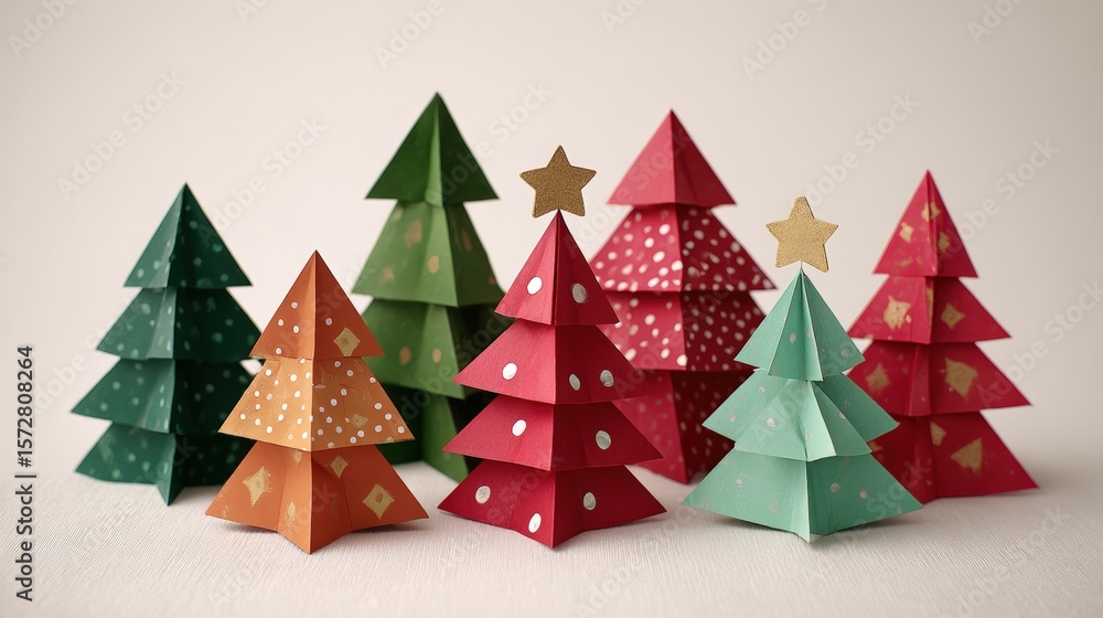 Poster folded paper christmas trees arranged in a row on a wooden table with soft lighting.