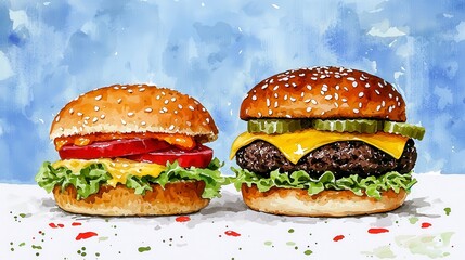 A vibrant watercolor painting showcases two delicious gourmet burgers side-by-side; one is a classic cheeseburger with pickles and the other a juicy hamburger with tomato and