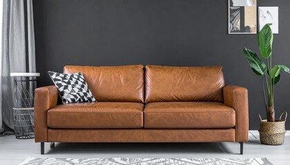 Brown Leather Sofa in Dark Modern Room Setting 