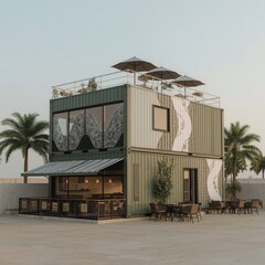 Contemporary Pop-Up Container Coffee Shop Surrounded by Palms and Urban Landscape