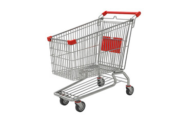 An empty metal shopping cart with red accents isolated on a transparent background