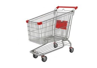 An empty metal shopping cart with red accents isolated on a transparent background