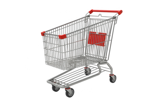 An empty metal shopping cart with red accents isolated on a transparent background