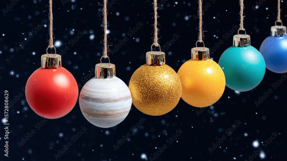 Poster close-up of colorful christmas ornaments hanging from strings with festive red and gold tones on blu
