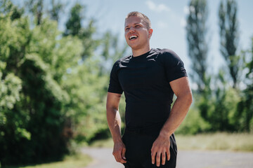 A fit young man dressed in sportswear smiling in a lush green park setting. The sunny weather...