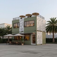 Double-Level Modular Café Built from Green Cargo Containers with Geometric White Patterns