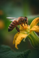 Close up of honey bee gathering pollen on vibrant yellow cucumber blossom, highlighting ecological pollination process