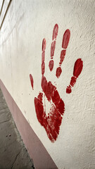 Red Handprint Graffiti on a White Wall. A close-up image of a red handprint painted on a textured white wall. blood handprint on a wall. Echoes of a Bloody Touch
