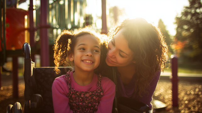 Happy candid mixed race mother and disabled child in a wheelchair spending time together in a park playground. Supportive inclusive family with handicapped children. Inclusion & diversity