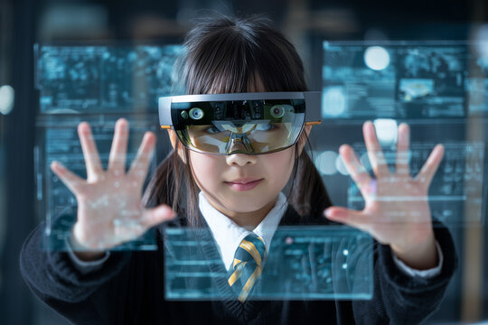 School student with VR headset using AI artificial intelligence technology & machine learning.Interactive technology in classroom. Innovation & smart tech. AI blue hologram in education	