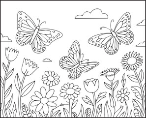 Adorable butterflies flying on flowers garden field outline vector illustration for kids coloring page or book design