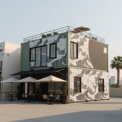 Modern Two-Story Shipping Container Café with Rooftop Umbrellas and Artistic Wall Panels