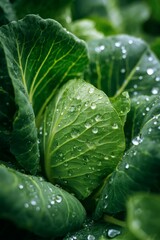 Raindrops glistening on verdant cabbage leaves, highlighting organic garden freshness with vibrant green textures and liquid brilliance