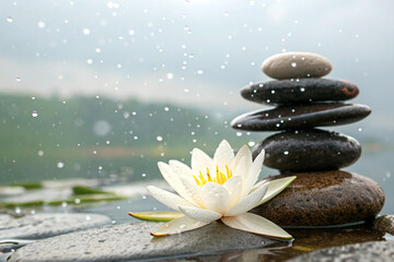 White water lily resting on stacked stones during gentle rainfall